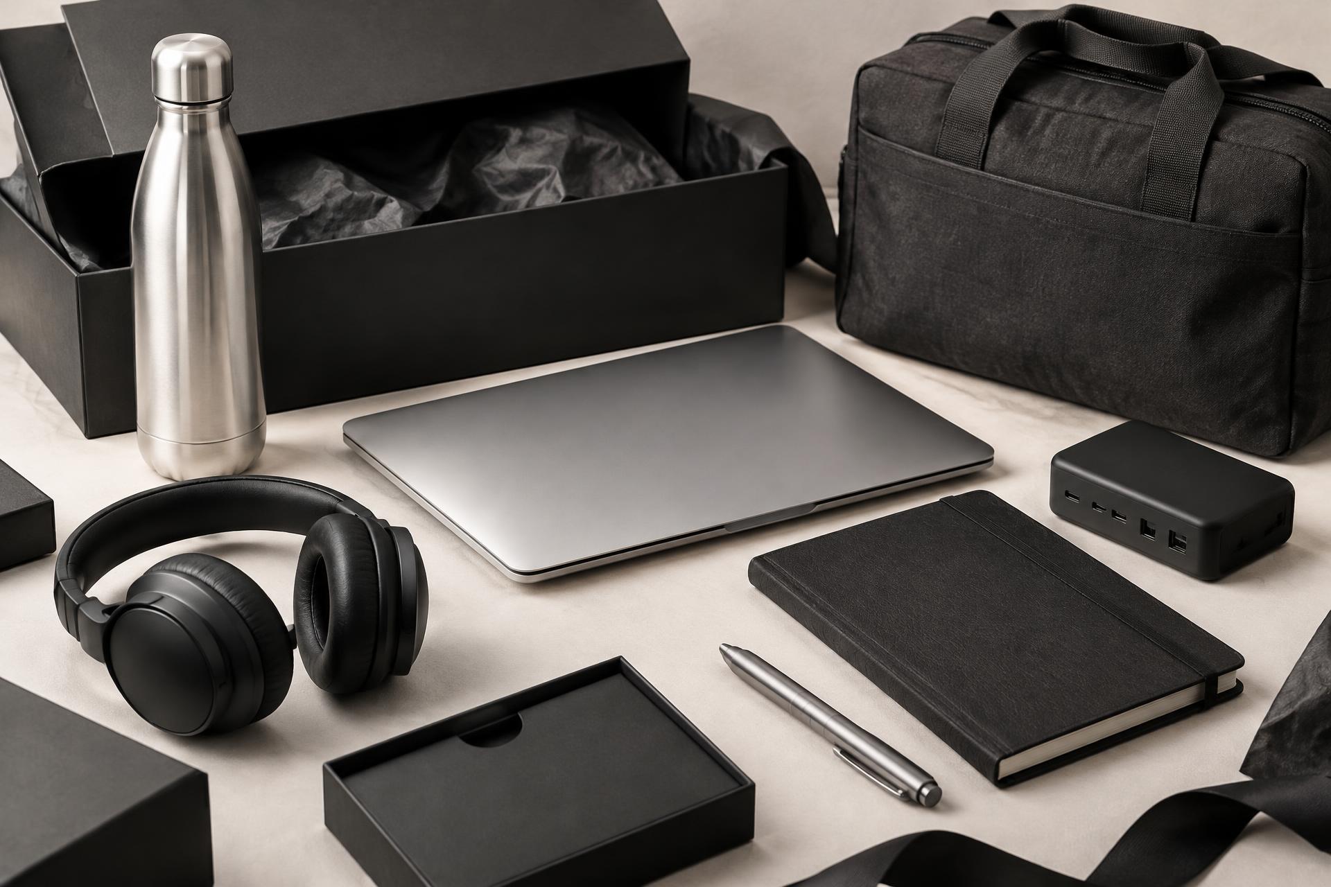 Premium business products including laptop, headphones, drinkware and gift packaging